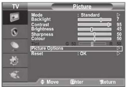 TV Picture Mode : Standard Backlight 7 Contrast 95 Brightness 45 Sharpness 50 Colour 50 Tint G 50 R 50 Picture Options >> Reset : OK > Move Enter Return