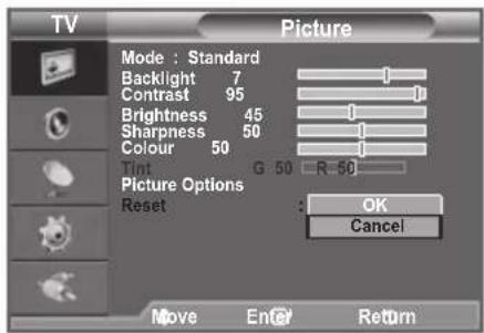 TV Picture Mode : Standard Backlight 7 Contrast 95 Brightness 45 Sharpness 50 Colour 50 Tint G: 50 R: 50 Picture Options Reset : OK Cancel Move En@ Return