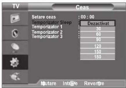 TV Ceas Setare ceas : 00 : 00 Temporizator Sleep Temporizator 1 Temporizator 2 Temporizator 3 Dezactivat 30 60 90 120 150 180 Mutare Intrare Reventre
