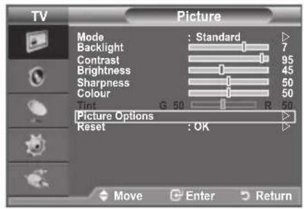 TV Picture Mode : Standard Backlight 7 Contrast 95 Brightness 45 Sharpness 50 Colour 50 Tint G 50 R 50 Picture Options >> Reset : OK Move Enter Return