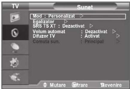 TV Sunet Mod : Personalizat > Egalizator SRS TS XT : Dezactivat Volum automat : Dezactivat Difuzor TV : Activat Comuta sun. : Principal Mutare Intrare Revenire