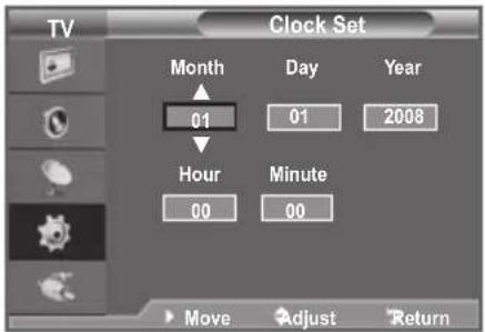 TV Clock Set Month Day Year 01 01 2008 Hour Minute 00 00 Move Adjust Return