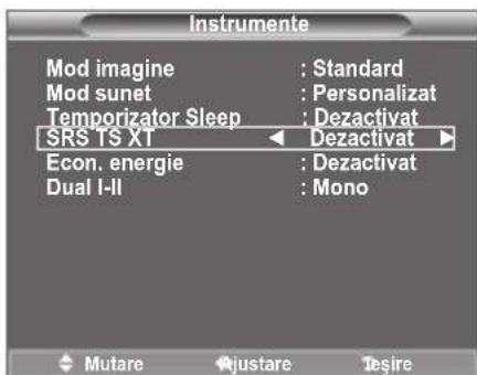 Instrumente Mod imagine : Standard Mod sunet : Personalizat Temporizator Sleep : Dezactivat SRS TS XT ← Dezactivat ► Econ. energie : Dezactivat Dual I-II : Mono Mutare Justare Desire