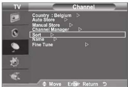 TV Channel Country : Belgium Auto Store Manual Store Channel Manager Sort Name Fine Tune Move Enter Return