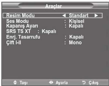 Araçlar Resim Modu Standart Ses Modu : Kişisel Kapanış Ayarı : Kapalı SRS TS XT : Kapalı Enrj. Tasarrufu : Kapalı Çift I-II : Mono Taşı Ayarla Çıkış