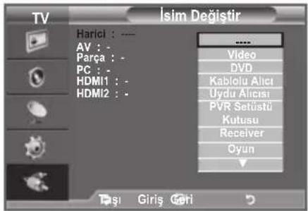 TV Harici : ---- AV : - Parça : - PC : - HDMI1 : - HDMI2 : - İslim Değistir Video DVD Kablolu Alici Üydu Alicisi PVR Setüştü Kutusu Receiver Oyun Şi Giriş Geri