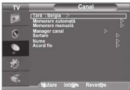 TV Canal Tara : Belgia > Memorare automată Memorare manuală Manager canal Sortare Nume Acord fin Mutare Intrare Reventre