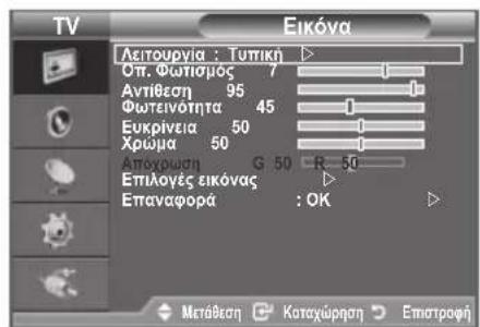 TV Eikóva Λειτουργία : Τυτική Οπ. Φωτισμός 7 Αντίθεση 95 Φωτεινότητα 45 Ευκρίνεια 50 Χρώμα 50 Αποχύσση G 50 - R 50 Επιλογές εικόνας Επαναφορά : OK Μετάθεση Καταχώρηση Επιστροφή