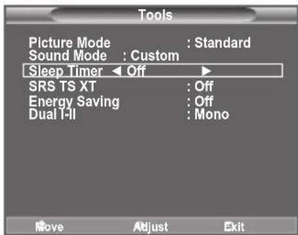 Tools Picture Mode : Standard Sound Mode : Custom Sleep Timer Off SRS TS XT : Off Energy Saving : Off Dual I-II : Mono Move Adjust Exit