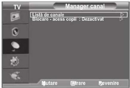 TV Manager canal Listă de canale Blocare - acess copii : Dezactivat Mutare Intrare Revenire