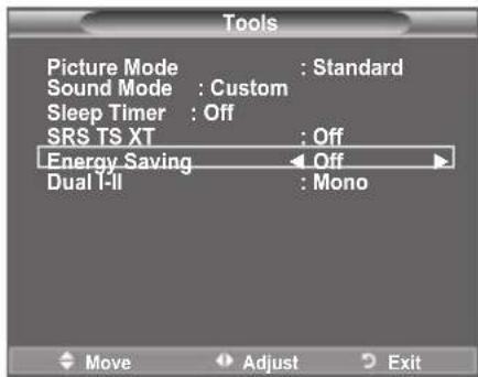 Tools Picture Mode : Standard Sound Mode : Custom Sleep Timer : Off SRS TS XT : Off Energy Saving ← Off Dual I-II : Mono