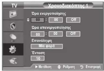 TV Хроводиакóптнг 1 Ωρα ενεργοποίησης 00 : 00 Off Ωρα απενεργοποίησης 00 : 00 Off Επανάληψη Μια φορά Ένταση 10 Μετάθεση Πύβμιση Επιστροφή