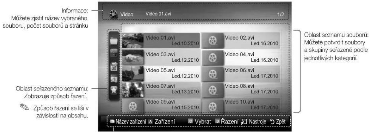 Informace: Můžete zjistit název vybraného souboru, počet souborů a stránku Video 01.avi 1/2 Video 01.avi Led.10.2010 Video 02.avi Led.16.2010 Video 03.avi Led.12.2010 Video 04.avi Led.16.2010 Video 05.avi Led.12.2010 Video 06.avi Led.17.2010 Video 07.avi Led.13.2010 Video 08.avi Led.17.2010 Video 09.avi Led.15.2010 Video 10.avi Led.17.2010 Oblast seznamu souborů: Můžete potvrdit soubory a skupiny seřazené podle jednotlivých kategorii. Oblast seřazeného seznamu: Zobrazuje způsob řazení. Způsob řazení se liši v závislosti na obsahu. Název zařizení A Zařizení Výbrat D Řazení Nástroje Zpět