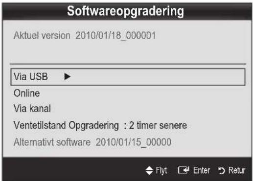 Softwareopgradering Aktuel version 2010/01/18_000001 Via USB ▶ Online Via kanal Ventetilstand Opgradering : 2 timer senere Alternativt software 2010/01/15_00000 Flyt Enter Retur