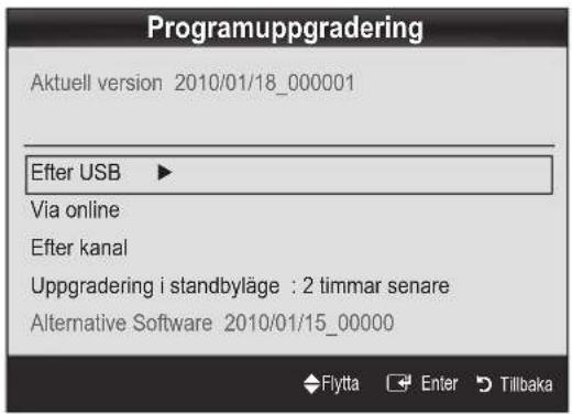 Programuppgradering Aktuell version 2010/01/18_000001 After USB ▶ Via online Efter kanal Uppgradering i standbyläge : 2 timmar senare Alternative Software 2010/01/15_00000 Flytta Enter Tillbaka