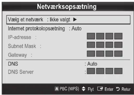 Netværksopsætning Vælg et netværk : Ikke valgt ▶ Internet protokolopsætning : Auto IP-adresse : Subnet Mask : Gateway : DNS : Auto DNS Server :
