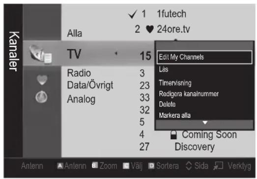 1futech 2 24ore.tv Alla TV Radio Data/Övrigt Analog 15 3 23 33 32 5 4 27 Edit My Channels Läs Timervisning Redigera kanalnummer Delete Markera alla Coming Soon Discovery Antenn Antenn Zoom Välj Sortera Sida Verklyg