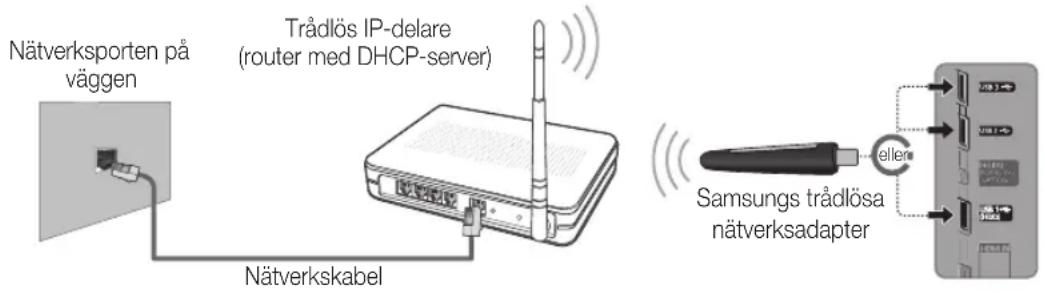 Nätverksporten på väggen Trådlös IP-delare (router med DHCP-server) Nätverkskabel Samsungs trådlösa nätverksadapter