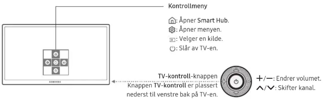 Kontrollmeny : Äpner Smart Hub. : Äpner menyen. : Velger en kilde. : Slår av TV-en. TV-kontroll-knappen Knappen TV-kontroll er plassert nederst til venstre bak på TV-en. +/-: Endrer volumet. ^/∨: Skifter kanal.