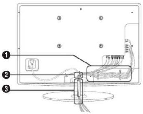 Diagram of a TV cable connector with labeled parts including power source, cable, and cable routing