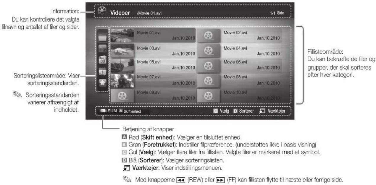 Information: Du kan kontrollere det valgte filnavn og antallet af filer og sider. Videoer /Movie 01.avi 1/1 Side Movie 01.avi Jan.10.2010 Movie 02.avi Jan.10.2010 Movie 03.avi Jan.10.2010 Movie 04.avi Jan.10.2010 Movie 05.avi Jan.10.2010 Movie 06.avi Jan.10.2010 Movie 07.avi Jan.10.2010 Movie 08.avi Jan.10.2010 Movie 09.avi Jan.10.2010 Movie 10.avi Jan.10.2010 Fillisteområde: Du kan bekræfte de filer og grupper, der skal sorteres efter hver kategori. Sorteringslisteområde: Viser sorteringsstandarden. Sorteringsstandarden varierer afhængigt af indholdet. SUM Skift enhed Vælg Sorterer Værktøjer Betjening af knapper Rod (Skift enhed): Vælger en tilsluttet enhed. Gron (Foretrukket): Indstiller filpræference. (understøttes ikke i basis visning) Gul (Vælg): Vælger flere filer fra fillisten. Valgte filer er markeret med et symbol. Blå (Sorterer): Vælger sorteringslisten. Værktøjer: Viser indstillingsmenuen. Med knapperne (REW) eller (FF) kan fillisten flytte til næste eller forrige side.