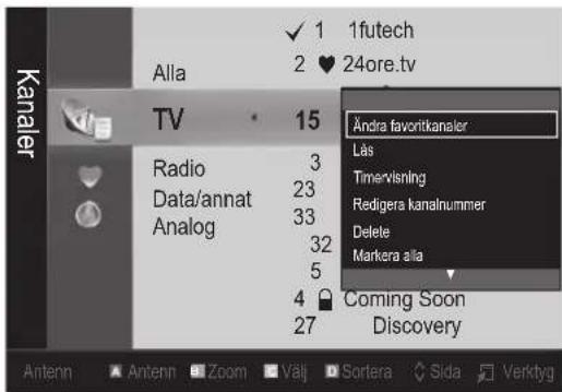 Kanaler Alla TV Radio Data/annat Analog 15 3 23 33 32 5 4 27 1futech 2 24ore.tv Andra favoritkanaler Läs Time-visning Redigera kanalnummer Delete Markera alla Coming Soon Discovery Antenn Zoom Välj Sortera Sida Verktyg