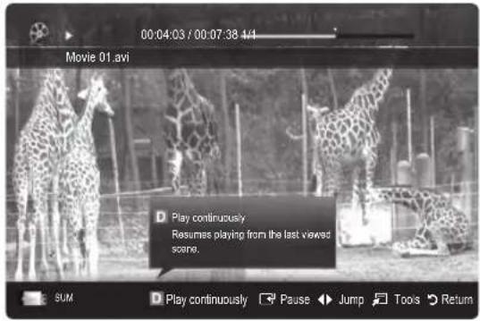 00:04:03 / 00:07:38 44 Movie 01.avi D Play continuously Resumes playing from the last viewed scene. SUM D Play continuously Pause Jump Tools Return