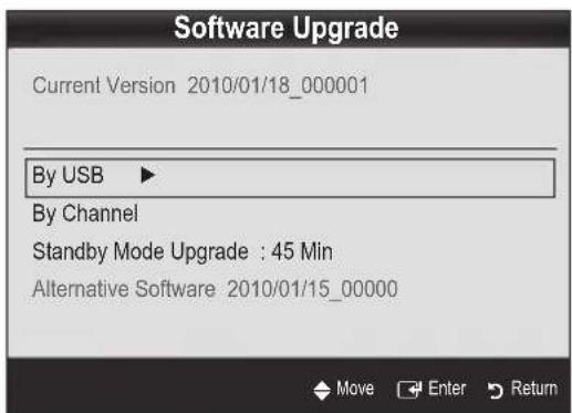 Software Upgrade Current Version 2010/01/18_000001 By USB ▶ By Channel Standby Mode Upgrade : 45 Min Alternative Software 2010/01/15_00000 Move Enter Return
