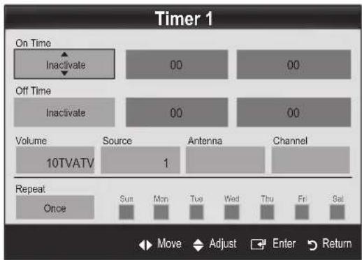 Timer 1 On Time Inactivate 00 00 Off Time Inactivate 00 00 Volume 10TVATV Source 1 Antenna Channel Repeat Once Sun Mon Tue Wed Thu Fri Sat Move Adjust Enter Return