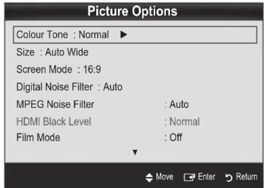 Picture Options Colour Tone : Normal ▶ Size : Auto Wide Screen Mode : 16:9 Digital Noise Filter : Auto MPEG Noise Filter : Auto HDMI Black Level : Normal Film Mode : Off Move Enter Return