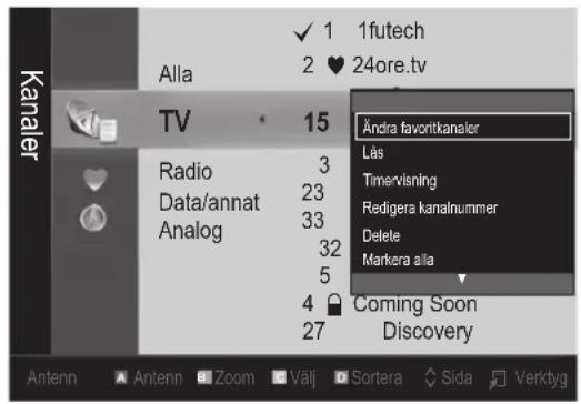 1futech 2 24ore.tv Alla TV 15 Radio 3 Data/annat 23 Analog 33 32 5 4 ? 27 Andra favoritkanaler Läs Timervisning Redigera kanalnummer Delete Markera alla Coming Soon Discovery Antenn Antenn Zoom Välj Sortera Sida Verktyg