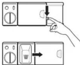 Diagram showing hand pressing down on a microwave oven with directional arrows indicating action