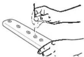 Illustration of a hand using a tool to cut or mark a wooden cutting board (no text or symbols present)