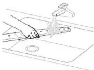 Line drawing of a hand using a tool to clean or wash the kitchen sink (no text or symbols)