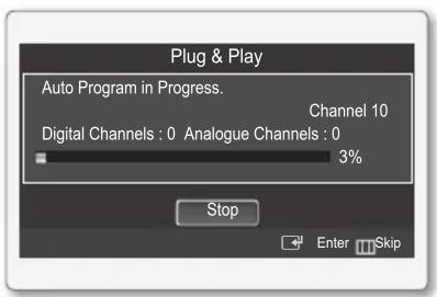 Plug & Play Auto Program in Progress. Channel 10 Digital Channels : 0 Analogue Channels : 0 3% Stop Enter Skip