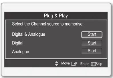 Plug & Play Select the Channel source to memorise. Digital & Analogue Start Digital Start Analogue Start Move Enter Skip