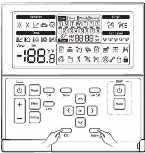 Operation Temp. View Set -188.8 Time Daily [Weekly] Holiday S M T W T F S 1 2 3 4 5 6 7 8 ※ AM 88:88 On Time PM Off DHW Eco Level Mode Set Timer User Set Silent View < Set > Outing ESC Delete DHW Mode