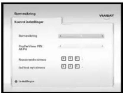 Symesikring VIASAT Kontel insatilloger Bornesikring PayPerView PIN: AD/P4 Nonwrite switches IndText opt switches Indatilloger