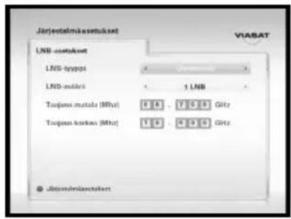 Järjostelmäsetukset VIABAT LNB outputset LNB-typpt LNB-möllert 1 LNB Toupons metals (MHz) 7.6 7.5 GHz Toupons körkes (MHz) 1.0 4.9 GHz Järjostelmäsetekset