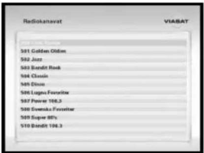 Radiokanavat VIABAT 501 Golden Oldies 502 Jazz 503 Bandit Rock 504 Classic 505 Dixie 506 Lugou Foveiter 507 Power 106.3 508 Svenska Foveiter 509 Soper 80's 510 Bandit 106.3