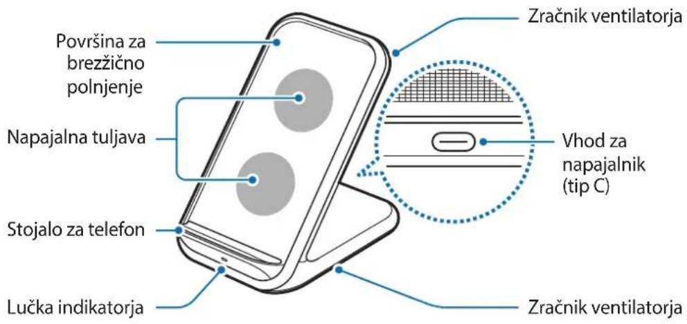 Površina za brezžično polnjenje Napajalna tuljava Stojalo za telefon Lučka indikatorja Zračnik ventilatorja Vhod za napajalnik (tip C) Zračnik ventilatorja