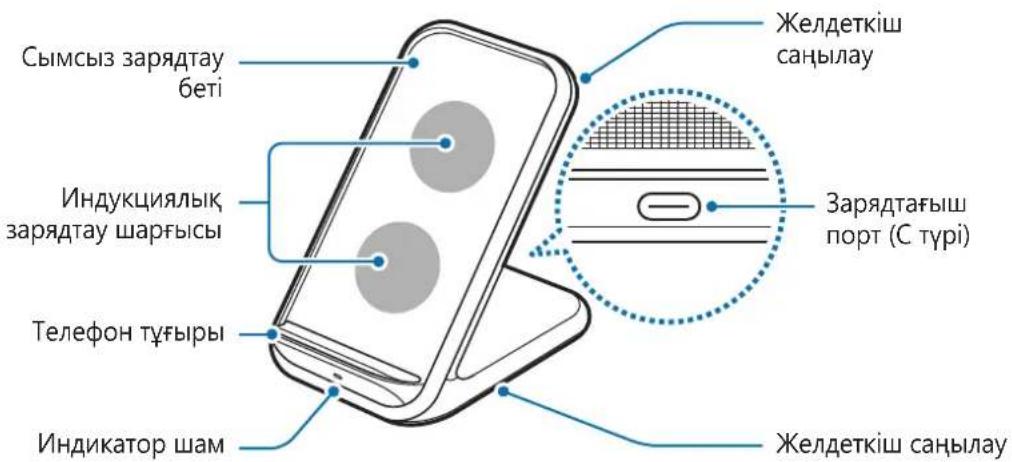 Сымсыз зарядтау беті Индукциялық зарядтау шарғысы Телефон тұғыры Индикатор шам Желдеткіш саңылау Зарядтағыш порт (С түрі) Желдеткіш саңылау