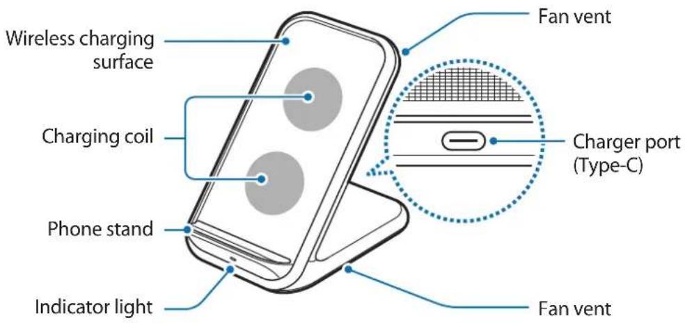 Wireless charging surface Charging coil Phone stand Indicator light Fan vent Charger port (Type-C) Fan vent