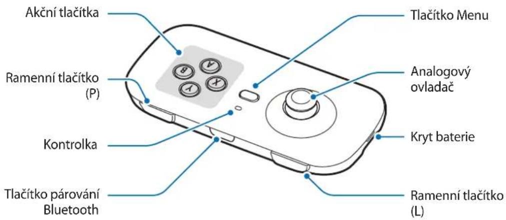 Akční tlačítka Ramenní tlačítko (P) Kontrolka Tlačítko párování Bluetooth Tlačítko Menu Analogový ovladač Kryt baterie Ramenní tlačítko (L)
