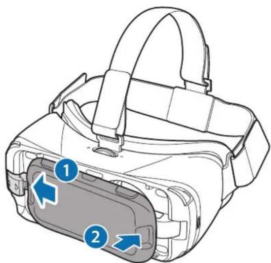 Diagram of a VR headset with labeled parts and directional arrows indicating movement or positioning.