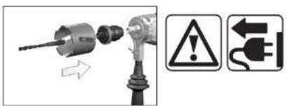 Diagram showing a drill bit being inserted into a plug, with warning symbols indicating hazard and electrical hazard.