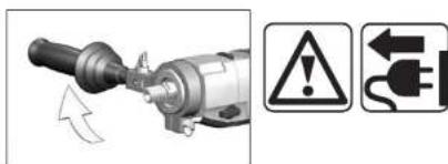 Diagram showing a drill bit being adjusted to a motor, with warning symbols and electrical symbols nearby