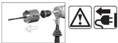 Diagram showing a drill bit being inserted into a motor, with warning symbols indicating hazard and electrical hazard.
