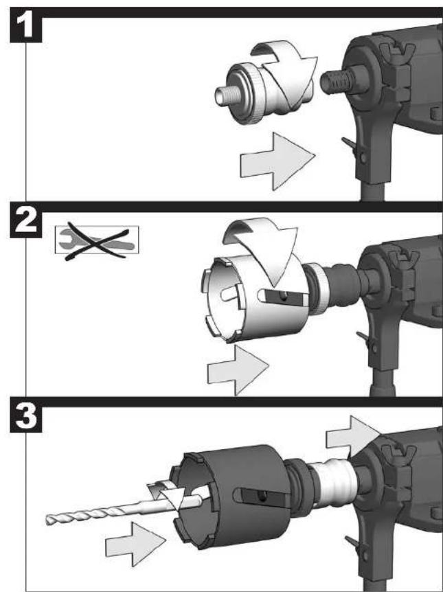 Technical diagram illustrating three-step tool manipulation process: drill, press, and drill bit generation.