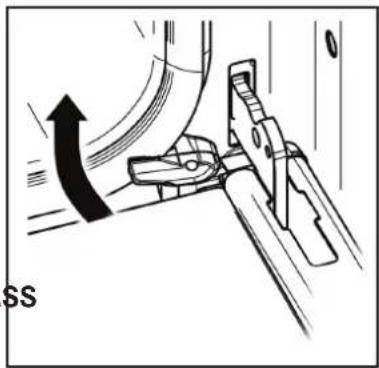 Mechanical assembly diagram showing a lever mechanism with an arrow indicating motion (no text or symbols present)